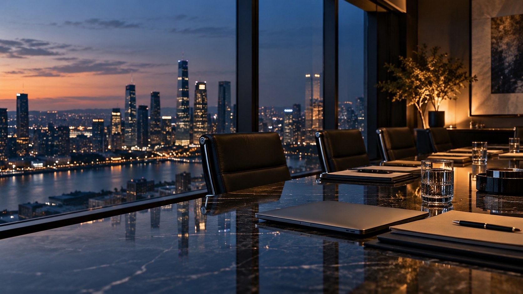 Executive boardroom at dusk, conveying discreet corporate risk advisory